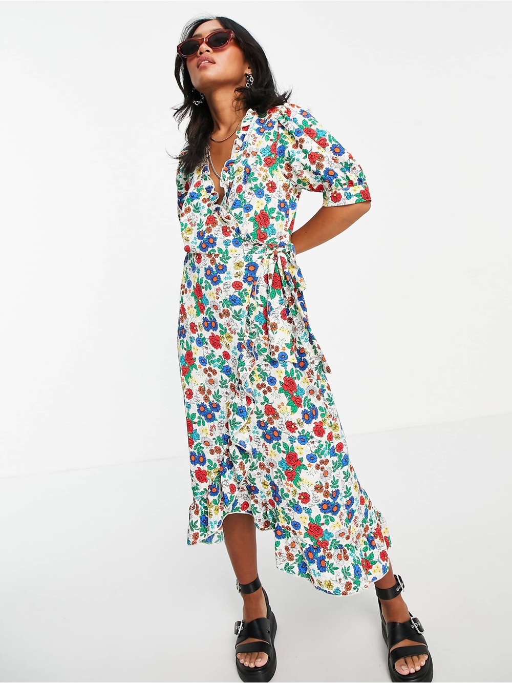 Topshop White Floral Wrap Midi Dress with Red, Blue & Green Flowers